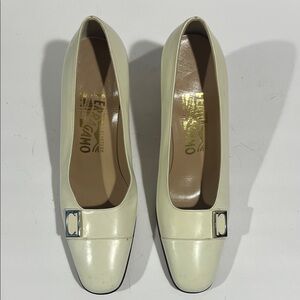 Salvatore Ferragamo Ivory Leather Square-Toe Pumps with Buckle